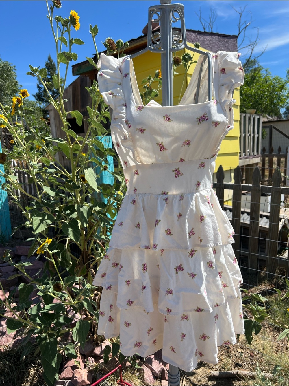 LoveshackFancy Altar'd State White Mini Dress with Pink Floral Print Linen blend
